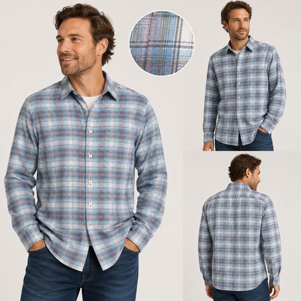 Faherty Brand Mens Large Blue Gray Plaid Cotton Button Front‎ Shirt Long Sleeve